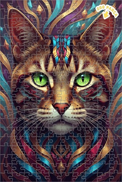 Teona Ahşap Gizemli Kedi Başlı Bohem Sanat Sulu Boya Görünümlü Çift Katlı Çer...