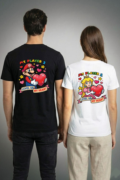 Super Mario ve Prenses Peach (Gamer) Sırt Baskılı Sevgili Kombini Çift Tişörtü (2'li Set)