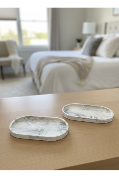 BG CONCEPT 2'li Set Dekoratif Beton Oval Sunumluk Takı Tabağı, Yağdanlık, Sak...