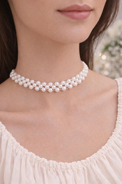 Arescollection el yapımı zarif inci boncuk choker tasma şeklinde kolye