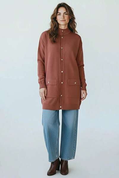 Invee İNVEE 7070 Yün Karışımlı Triko Hırka - Kiremit