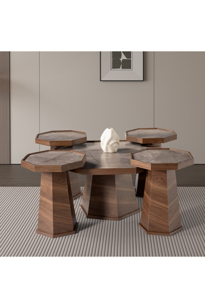 Home Box طقم طاولات قهوة هيتا مكون من 5 قطع - أرجل رمادية وجوزية