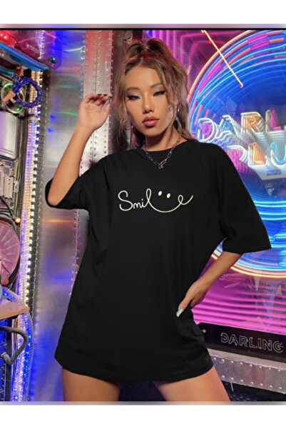 TİMİSİVA Unisex Oversized Smile Printed Crew Neck Short Sleeve Black T-Shirt