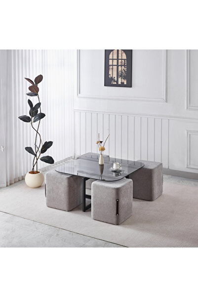 Home Box طاولة قهوة موفو-كاتالينا بسطح زجاجي مع 4 كراسي - أسود ورمادي