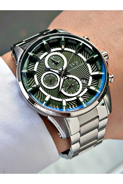 Romanson ساعة يد رجالية بسوار فولاذي وعلبة فولاذية بلون فضي وأخضر 1336.10MR