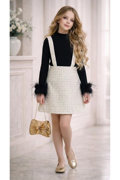 nora dress mini luxe Girl Baby ( Glittery Gold sequin bolero-Spaghetti strap skirt-ribbed blouse-bag ) Eid outfit set