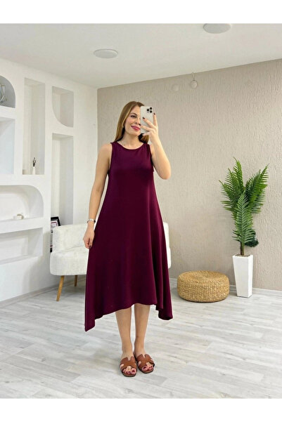 nedo7 Women's strap round neck asymmetric cut detailed viscose dress