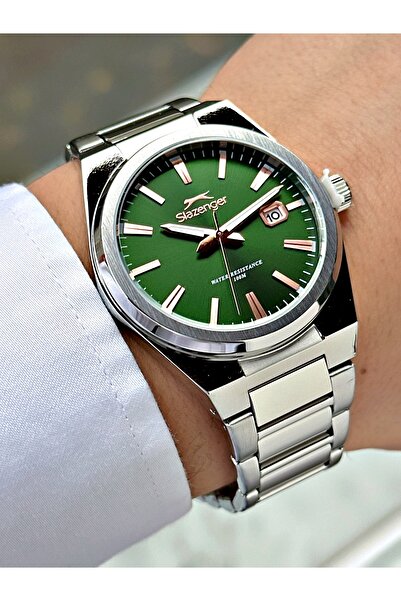 Slazenger Silver-Green Color 10 Atm Water Resistance Steel Case Men's Wristwa...