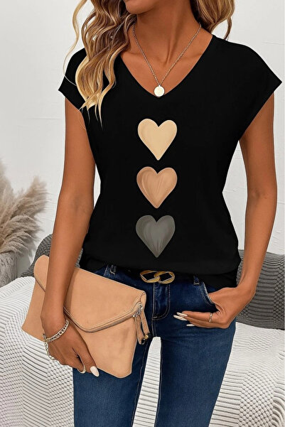 nedo7 Women's Short Sleeve V Neck Heart Pattern Viscose Blouse