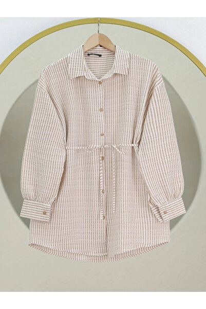 nedo7 Length Buttoned Lace up Striped Wrapped Shirt -Mink