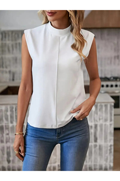 nedo7 Women's Short Raglan Sleeve Semi Turtleneck Imported Crepe Blouse