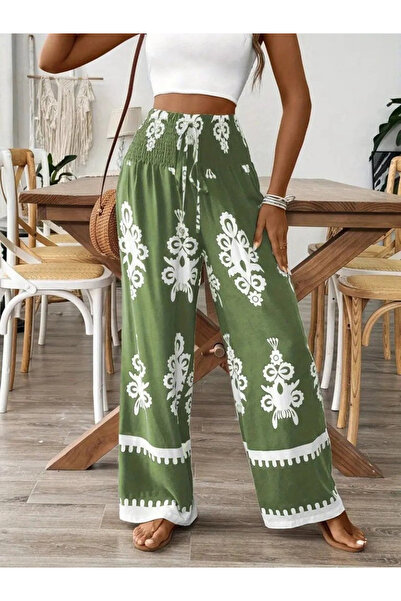 nedo7 Women's High Waist Gathered Ethnic Pattern Printed Single Jersey Trousers