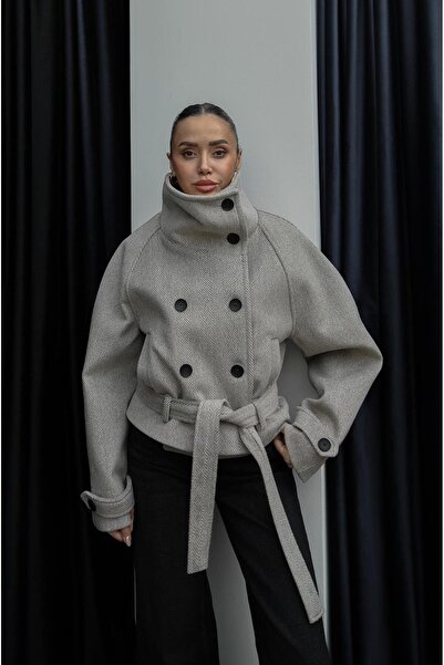 Havoş Beige Herringbone Arica Mock Neck Short Cashmere Coat