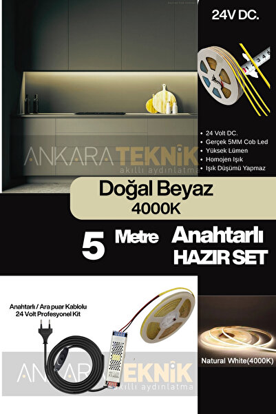 ankarateknik Mutfak Tezgah Altı COB Şerit LED Anahtarlı 24 Volt 5 Metre Doğal...