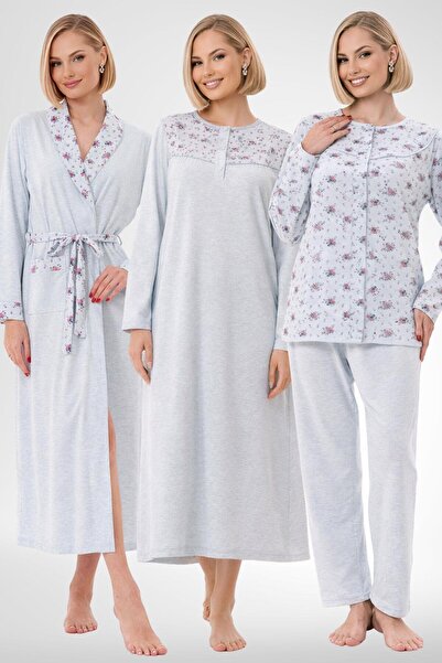 Mecit Pijama Mecit 6321 Mavi Büyük Beden Kadın Sabahlık Pijama Gecelik Set