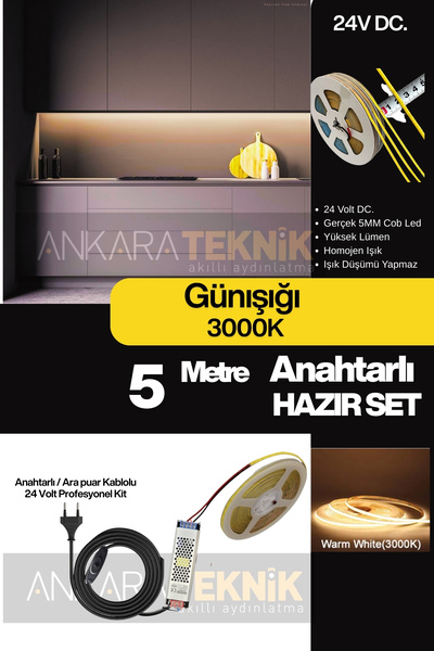 ankarateknik Mutfak Tezgah Altı COB Şerit LED Anahtarlı 24 Volt 5 Metre Günışığı