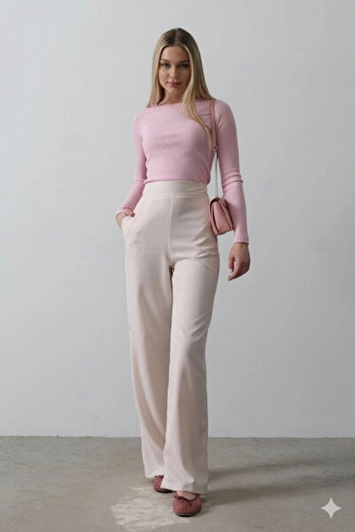 nedo7 Palazzo Trousers with Half Elastic Waist - Powder