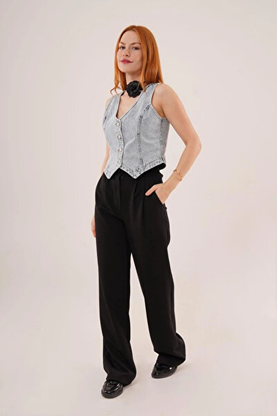 nedo7    Blue Jean Vest with Button and Front Stitching Detail