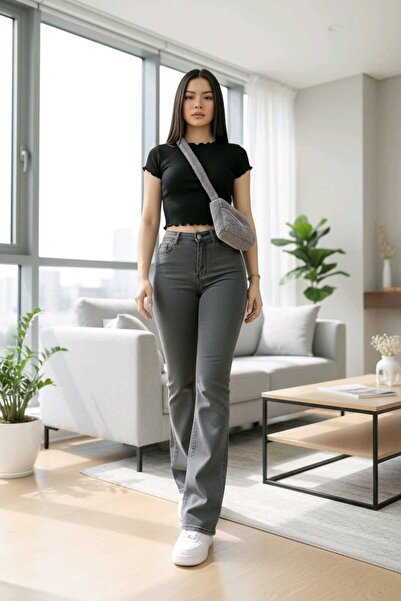 Trn JNS Flared F Flare Jeans Jeans Trousers High Waist Dark Gray Lycra