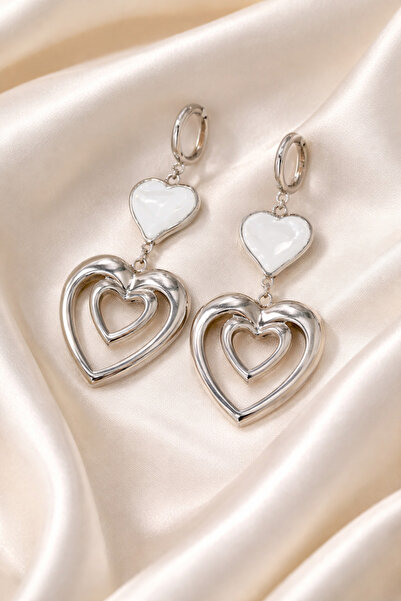Tasarım Double Layered Silver Color Dangle Women's Earrings with Heart Detail