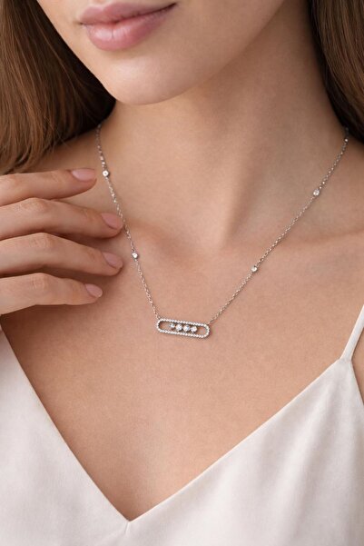 Ronasia Kadın Gümüş Renk Hareketli Zirkon Taşlı Baget Kolye - Messika Stil Pı...