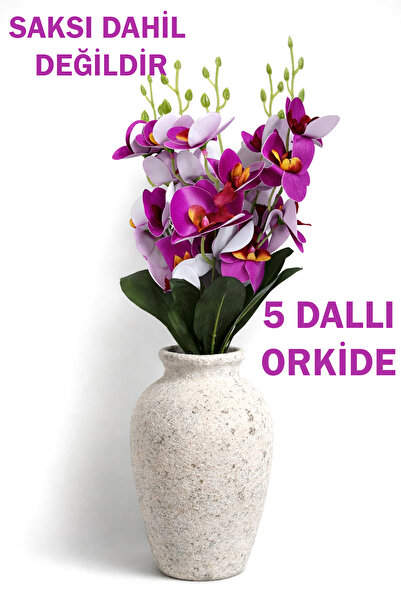 ALSHOP Yapay 5 Dallı Islak Dokulu Orkide Demeti 40 cm Mor