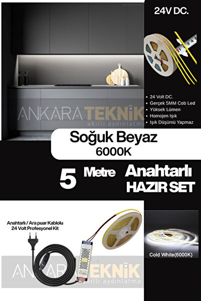 ankarateknik Mutfak Tezgah Altı COB Şerit LED Anahtarlı 24 Volt 5 Metre Soğuk...