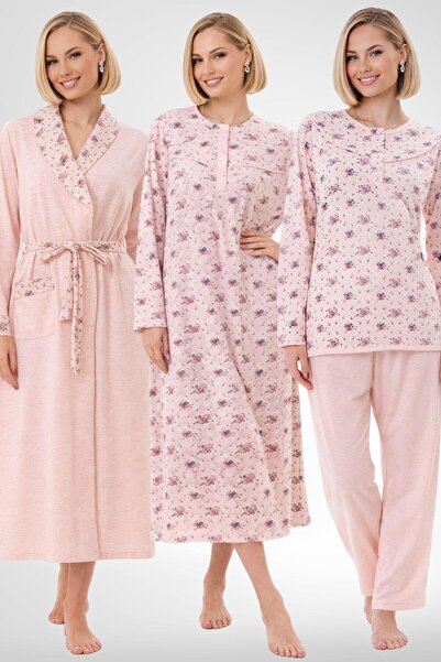 Mecit Pijama Mecit 6318 Powder Plus Size Women's Robe Pajamas Nightgown Set