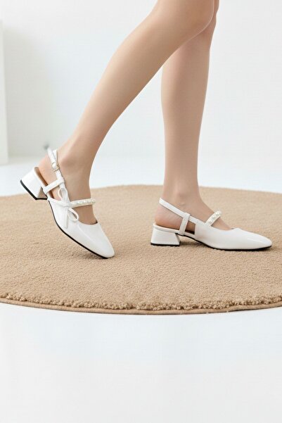 Nubbock Women's White Bow and Bead Detailed Heeled Shoes Nk3108