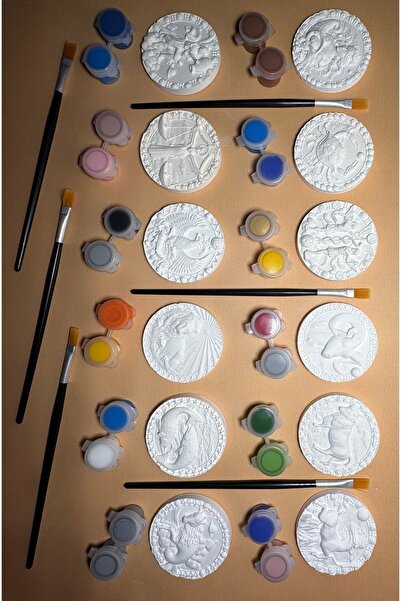 SİESPURE 12’li Burç Boyama Seti – Alçı Burç Figürleri, 24 Boya, 4 Fırça + Mag...