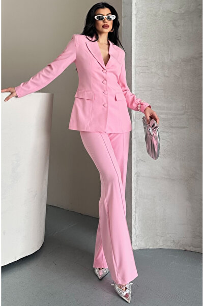pembekurdelem Women's Fabric Button Detail Jacket Pants Set Pink