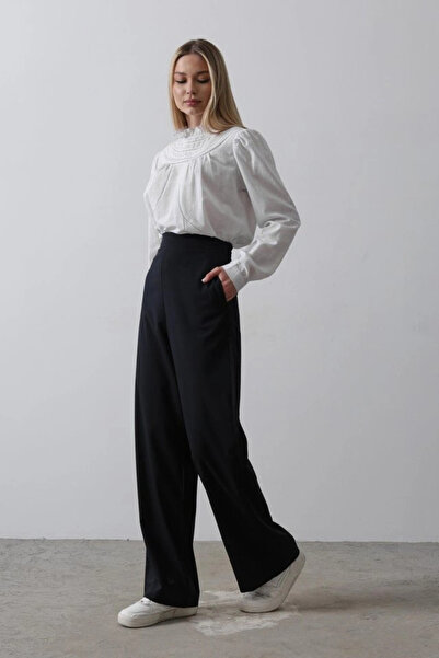 nedo7 Palazzo Trousers with Half Elastic Waist - Navy Blue