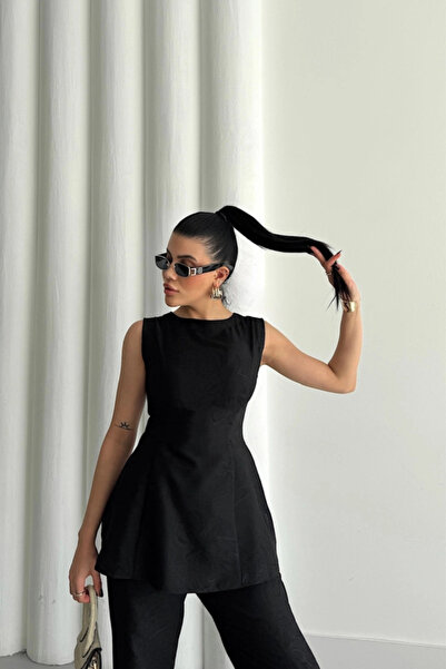 nedo7 Jacquard Linen Sleeveless Bluz-Pants Tk - Black