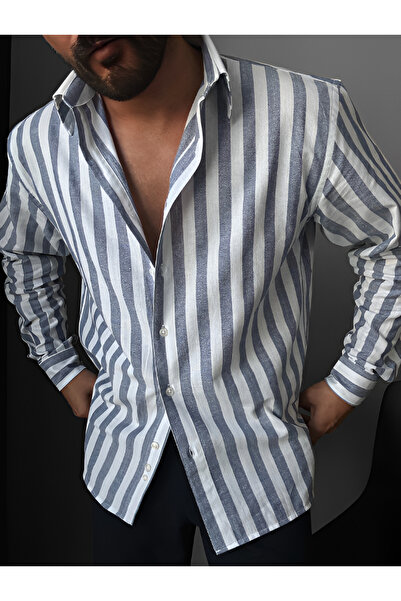 elkumoda Men's Oversized Striped Linen Blend Comfortable Fit Long Sleeve Shirt