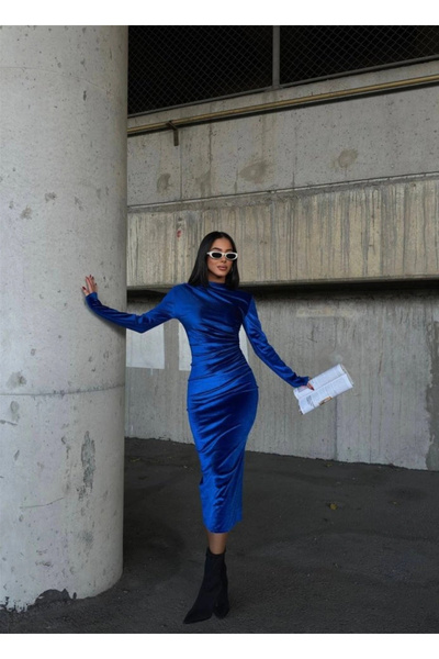 nedo7 Women's Long Sleeve Half Turtleneck Drawstring Detail Velvet Fabric Dress