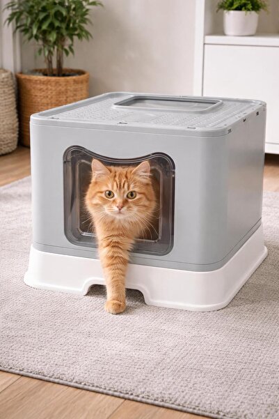 CatMozz JUMBO Kapalı Kedi Tuvaleti Çekmeceli Üstten ve Önden Girişli Kürek He...
