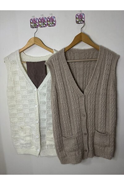 Mako Yumoş Textured Dowry Ecru and Mink Knitted Vest Scarf Set