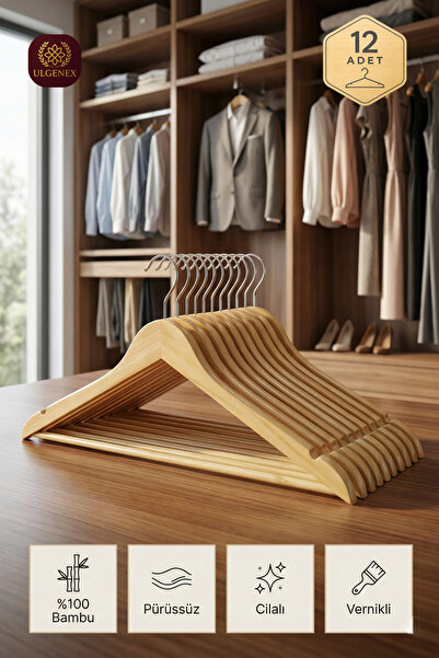Ulgenex 12 Adet Doğal Bambu Premium Kıyafet Askısı - Vernikli ve Cilalı Ahşap...