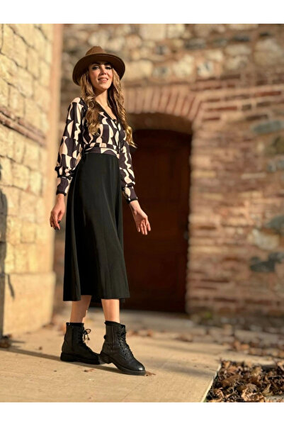 nedo7   فستان نسائي متوسط الطول بياقة مزدوجة الصدر وأكمام طويلة