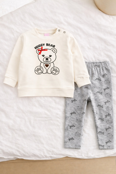 BABY SPORT طقم أطفال تيدي بير مطبوع قطن بأكمام طويلة من عمر 6-18 شهرًا