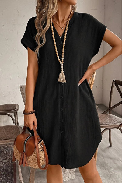 nedo7 Women's Short Sleeve Front Buttoned Imported Linen Dress