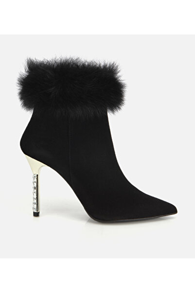Hotiç Kadın Süet Deri Tüy Detaylı İnce Topuklu Bot