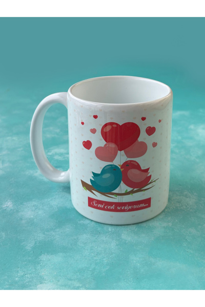 Hepsi Enteresan Ceramic Mug with Bird, Gift for Lover, Valentine's Day, I Lov...