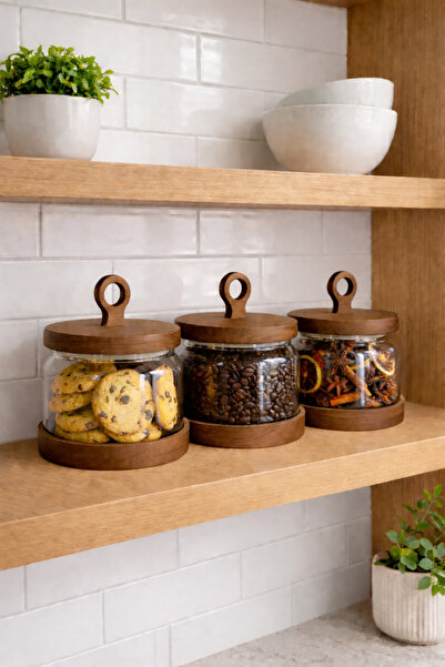 Paşabahçe 3'lü Akasya Kapaklı Tutma Kulplu Borasilikat Cam Kavanoz/Saklama Ka...