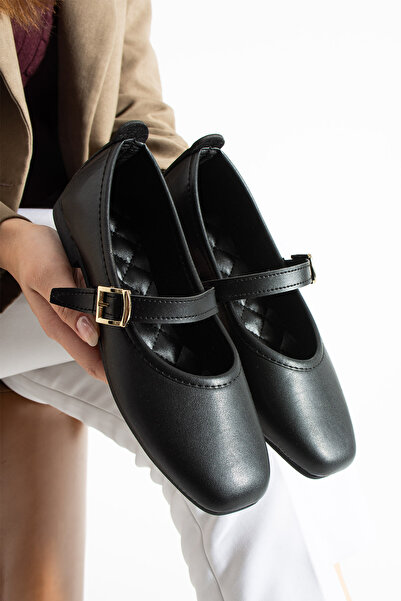 star shoes Balerini din piele cu cataramă neagră pentru femei, pantofi confor...