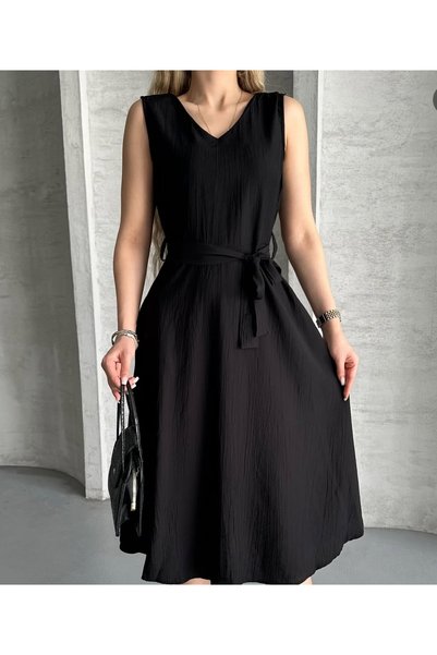 Bibedenstil Women's Black Belted Below-The-Knee V-Neck Casual Strawberry Fabric Dress