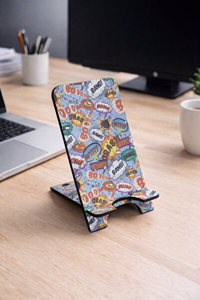 Generic Wooden desktop phone holder with a comic book design – practical and ...