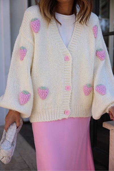 Burcia Strawberry Embroidered Balloon Sleeve Cardigan