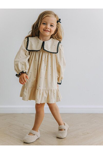 FURYATEX Момичешка рокля с яка и полка точки, 100% памук, дизайн габардин