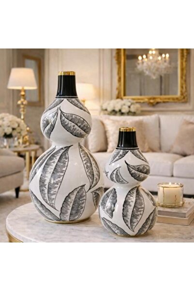 Generic Luxury Ceramic Vase Set with Black Leaf Pattern and Golden Touch